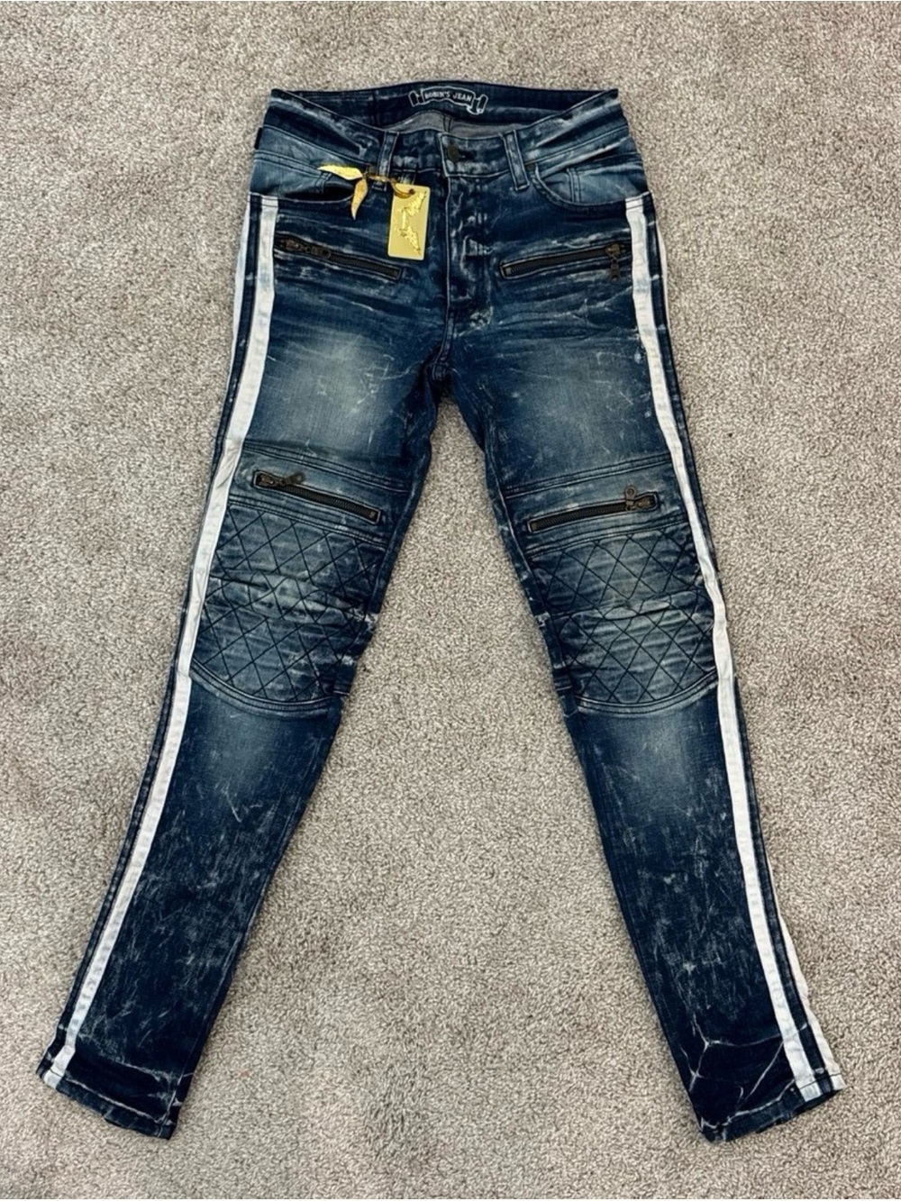 Robin's Jean Dark Blue Moto Skinny Jeans with White Side Stripes